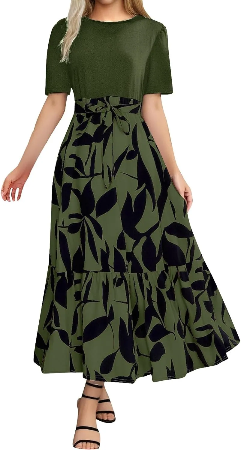 Womens Floral Long Dresses 2025 Elegant Boho Tie Belted Patchwork Boho Dress Empire Waist Short Sleeve Flowy Maxi Dress