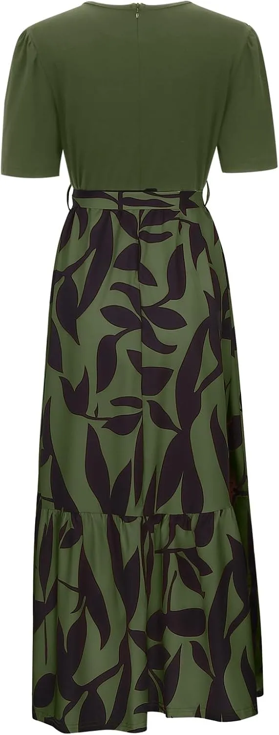 Womens Floral Long Dresses 2025 Elegant Boho Tie Belted Patchwork Boho Dress Empire Waist Short Sleeve Flowy Maxi Dress