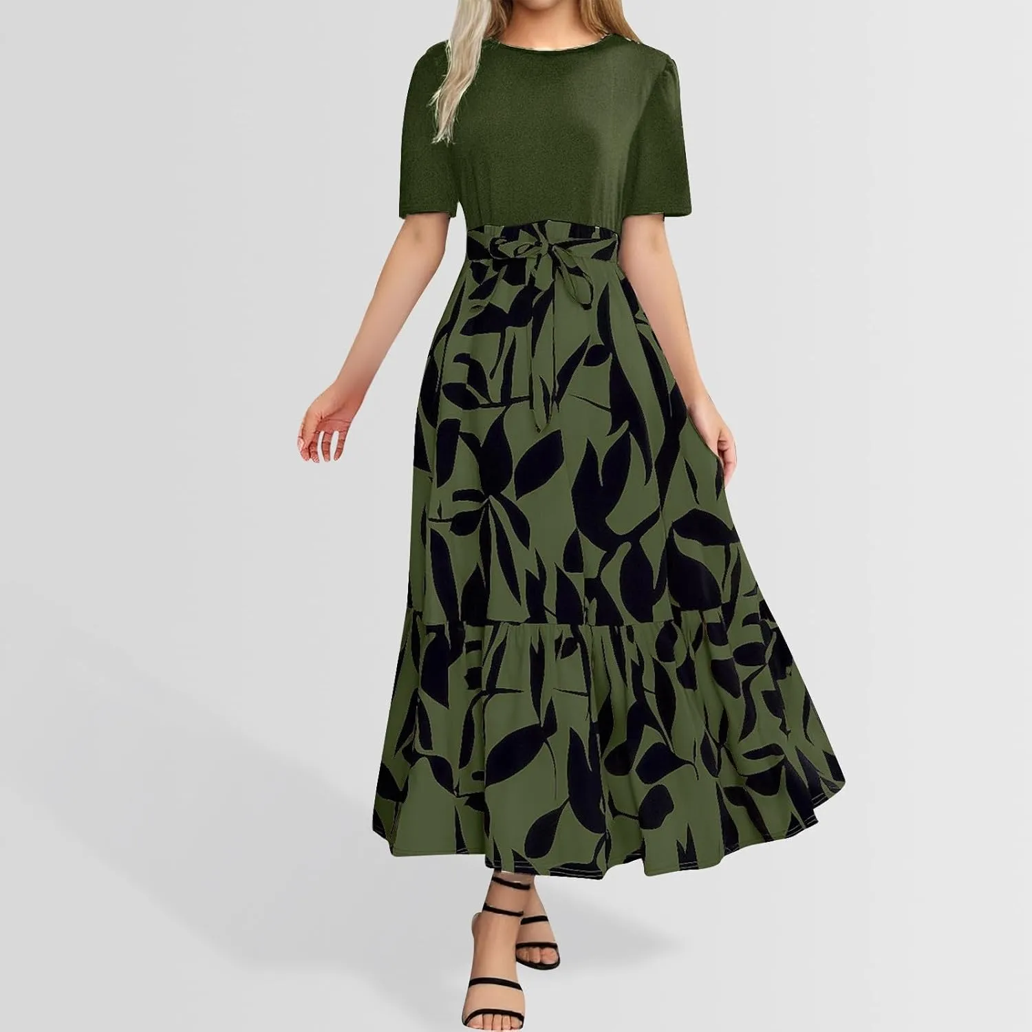 Womens Floral Long Dresses 2025 Elegant Boho Tie Belted Patchwork Boho Dress Empire Waist Short Sleeve Flowy Maxi Dress