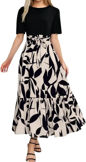 Womens Floral Long Dresses 2025 Elegant Boho Tie Belted Patchwork Boho Dress Empire Waist Short Sleeve Flowy Maxi Dress