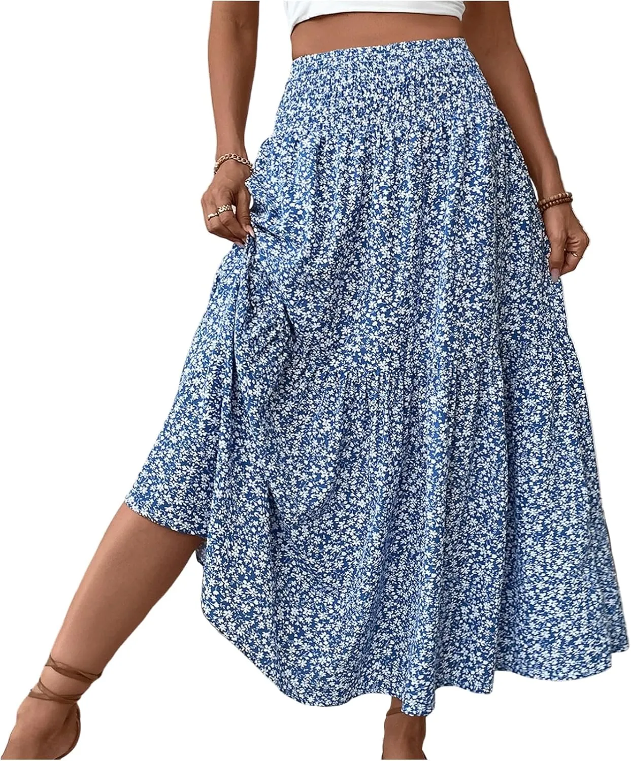 Women's Floral Midi Skirt with Pockets High Elastic Waist Flowy Ruffle Casual Summer Boho Aline Skirts