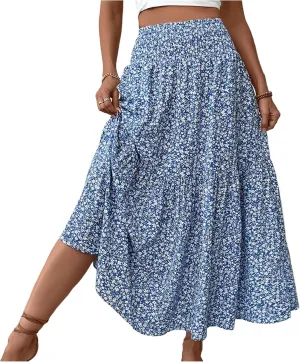 Women's Floral Midi Skirt with Pockets High Elastic Waist Flowy Ruffle Casual Summer Boho Aline Skirts