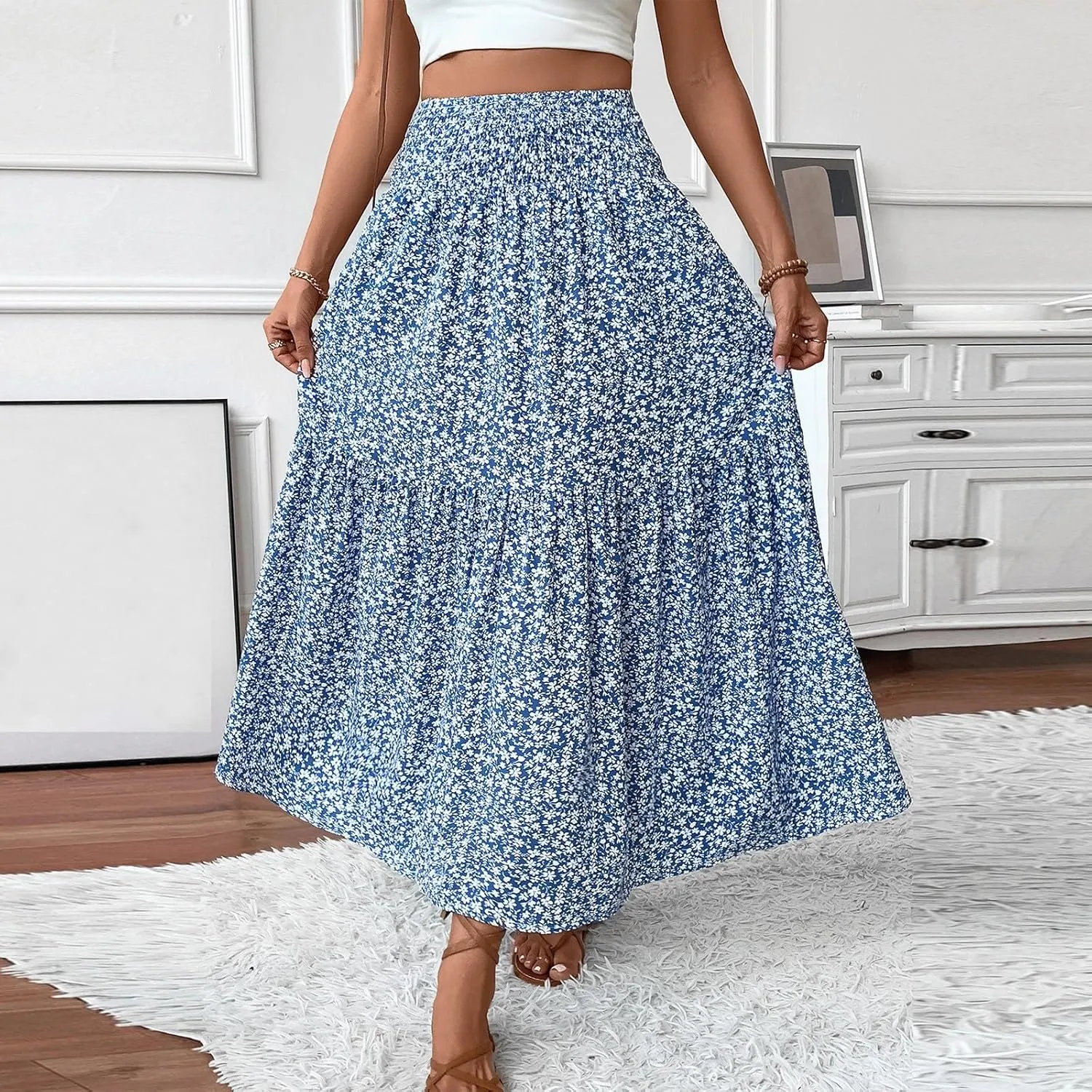 Women's Floral Midi Skirt with Pockets High Elastic Waist Flowy Ruffle Casual Summer Boho Aline Skirts