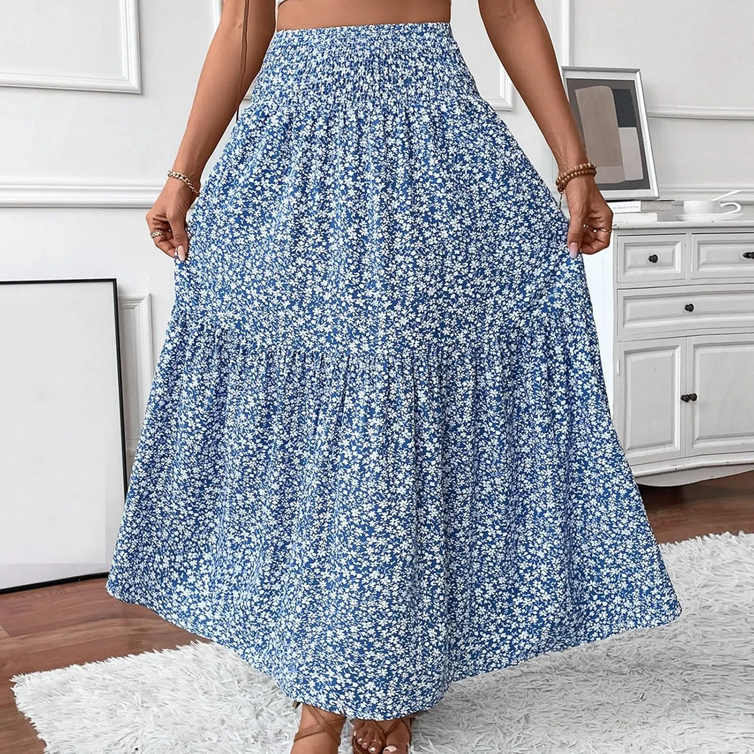 Women's Floral Midi Skirt with Pockets High Elastic Waist Flowy Ruffle Casual Summer Boho Aline Skirts