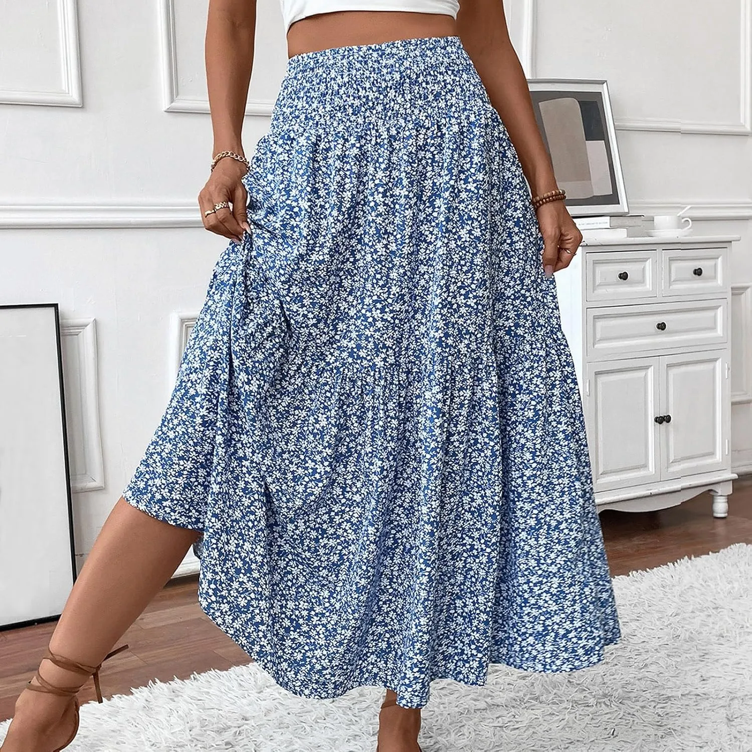 Women's Floral Midi Skirt with Pockets High Elastic Waist Flowy Ruffle Casual Summer Boho Aline Skirts