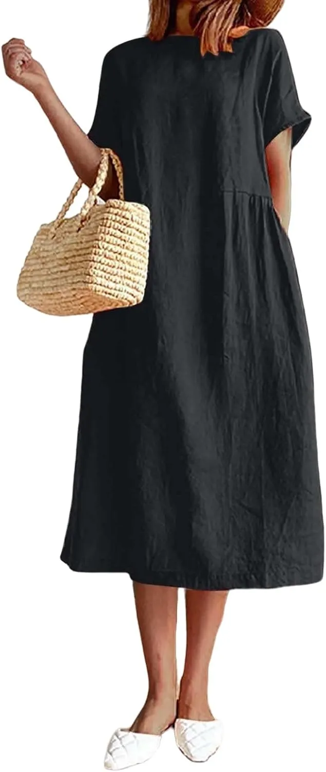 Women's Flowy Cotton Linen Dress Summer Beach Casual Loose Short Sleeve Round Neck Baggy Basic Solid Color Long Dress