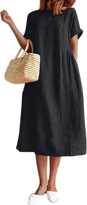 Women's Flowy Cotton Linen Dress Summer Beach Casual Loose Short Sleeve Round Neck Baggy Basic Solid Color Long Dress