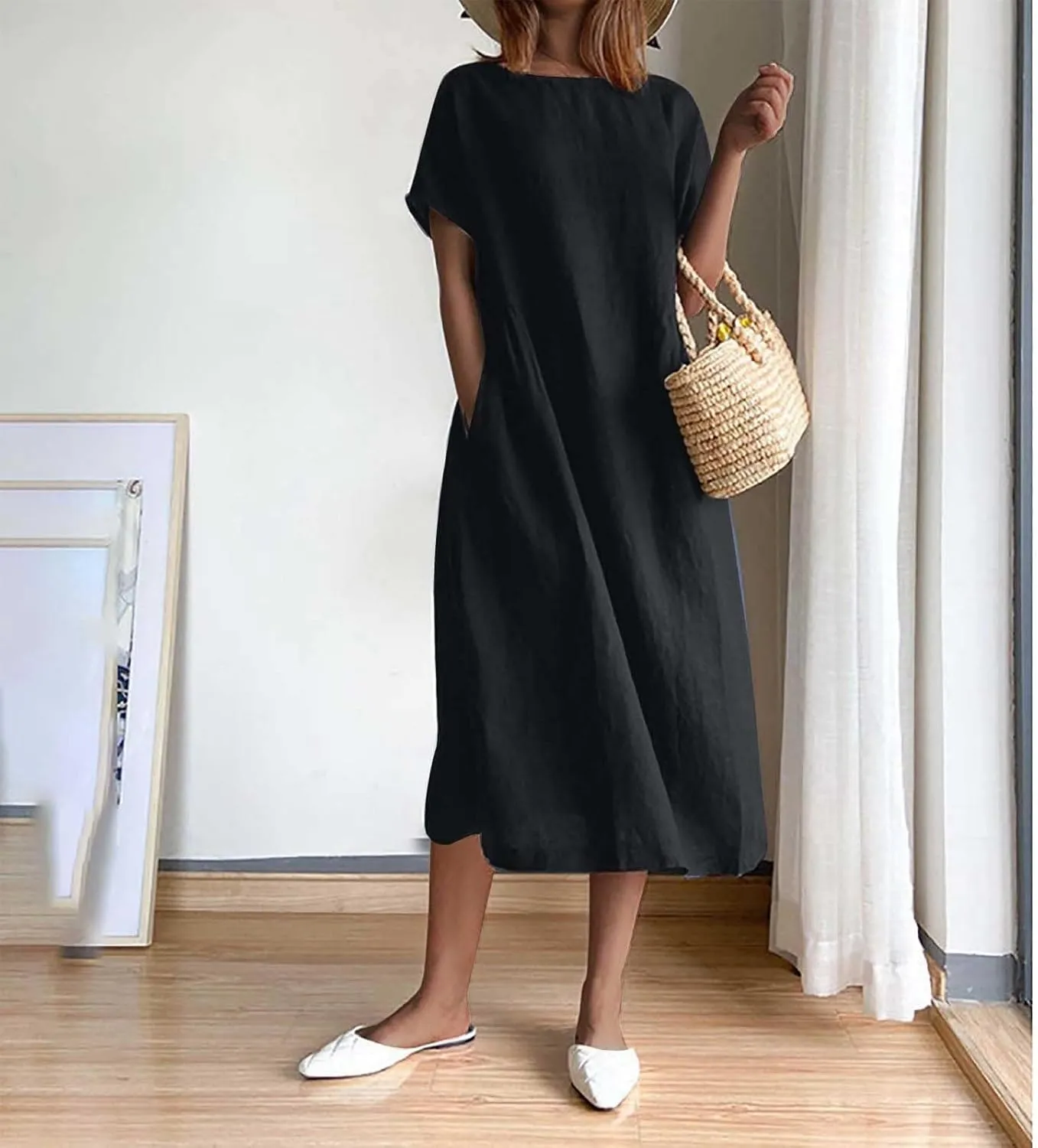 Women's Flowy Cotton Linen Dress Summer Beach Casual Loose Short Sleeve Round Neck Baggy Basic Solid Color Long Dress