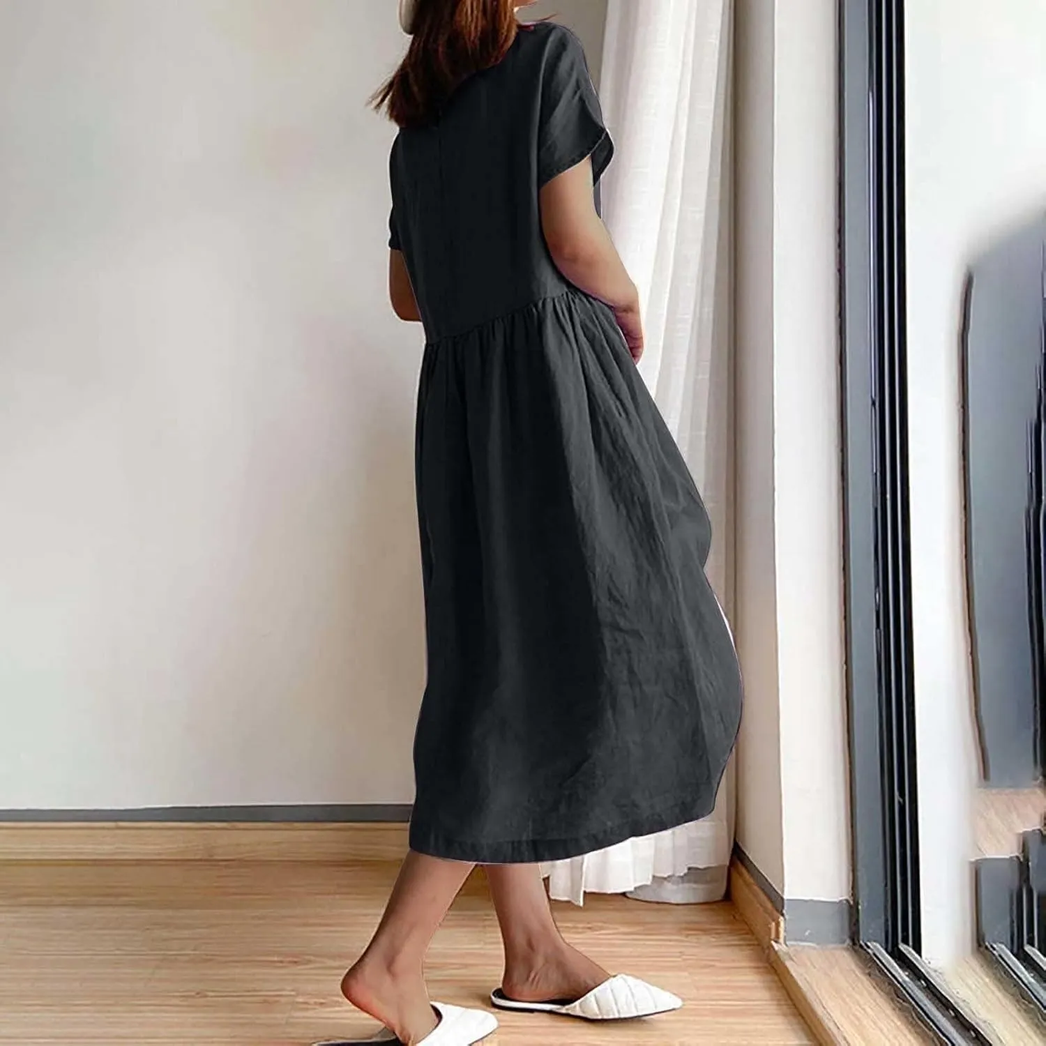 Women's Flowy Cotton Linen Dress Summer Beach Casual Loose Short Sleeve Round Neck Baggy Basic Solid Color Long Dress