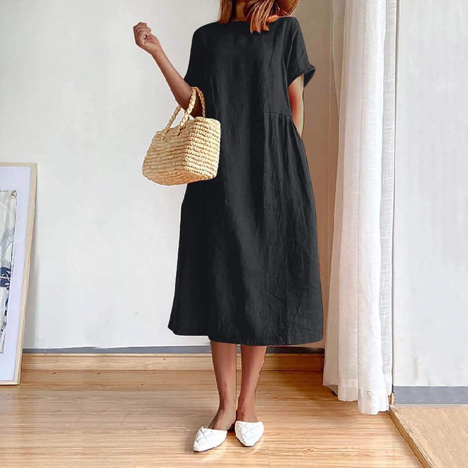 Women's Flowy Cotton Linen Dress Summer Beach Casual Loose Short Sleeve Round Neck Baggy Basic Solid Color Long Dress