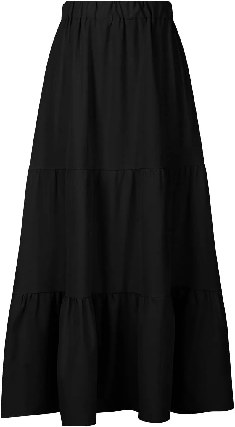 Women's Flowy Maxi Skirt 2025 Summer Ruffle High Waisted A-Line Skirts Casual Solid Long Pleated Skirt with Pockets