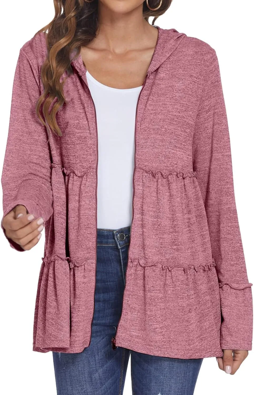 Women's Full Zip Up Hoodie Pleated Tiered Ruffle Hooded Sweatshirts Jacket Long Sleeve Coat