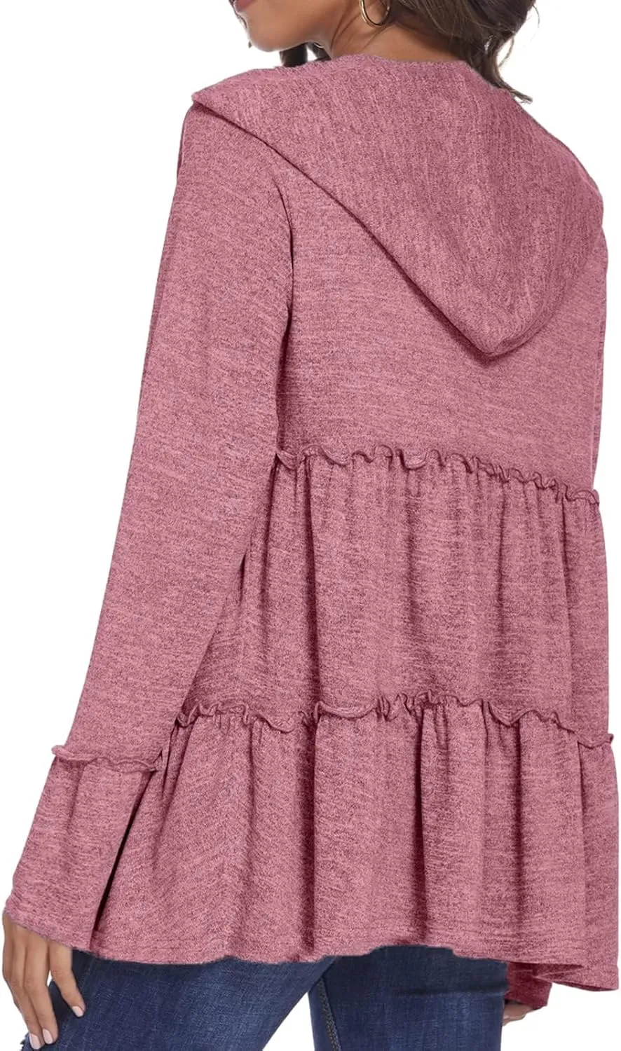 Women's Full Zip Up Hoodie Pleated Tiered Ruffle Hooded Sweatshirts Jacket Long Sleeve Coat