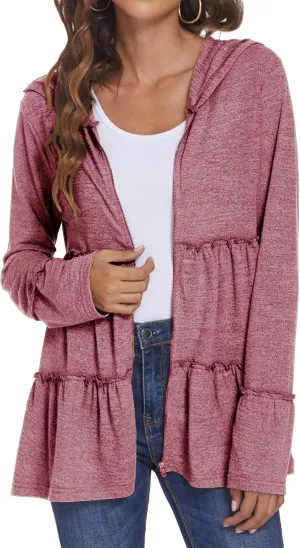 Women's Full Zip Up Hoodie Pleated Tiered Ruffle Hooded Sweatshirts Jacket Long Sleeve Coat