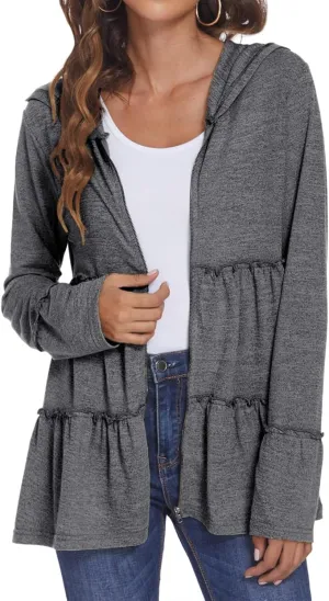 Women's Full Zip Up Hoodie Pleated Tiered Ruffle Hooded Sweatshirts Jacket Long Sleeve Coat