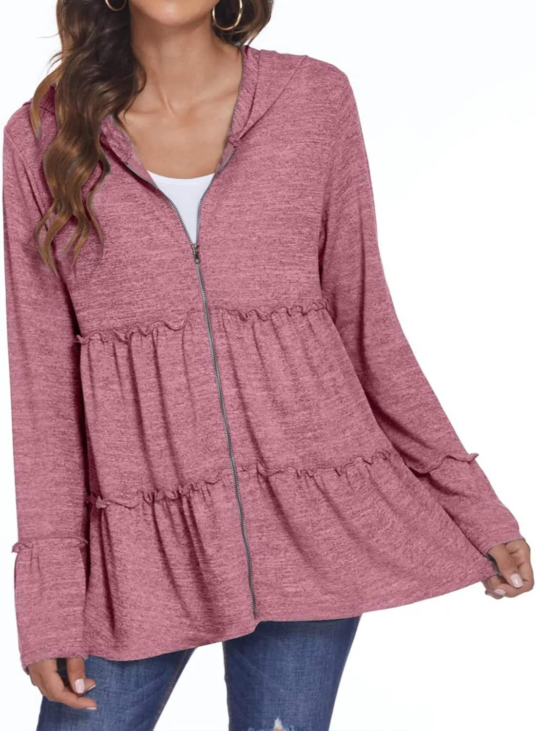 Women's Full Zip Up Hoodie Pleated Tiered Ruffle Hooded Sweatshirts Jacket Long Sleeve Coat