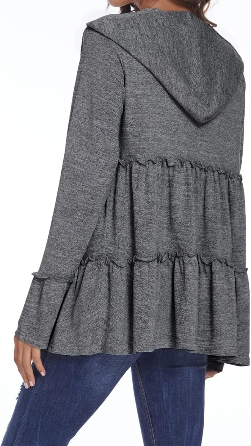 Women's Full Zip Up Hoodie Pleated Tiered Ruffle Hooded Sweatshirts Jacket Long Sleeve Coat