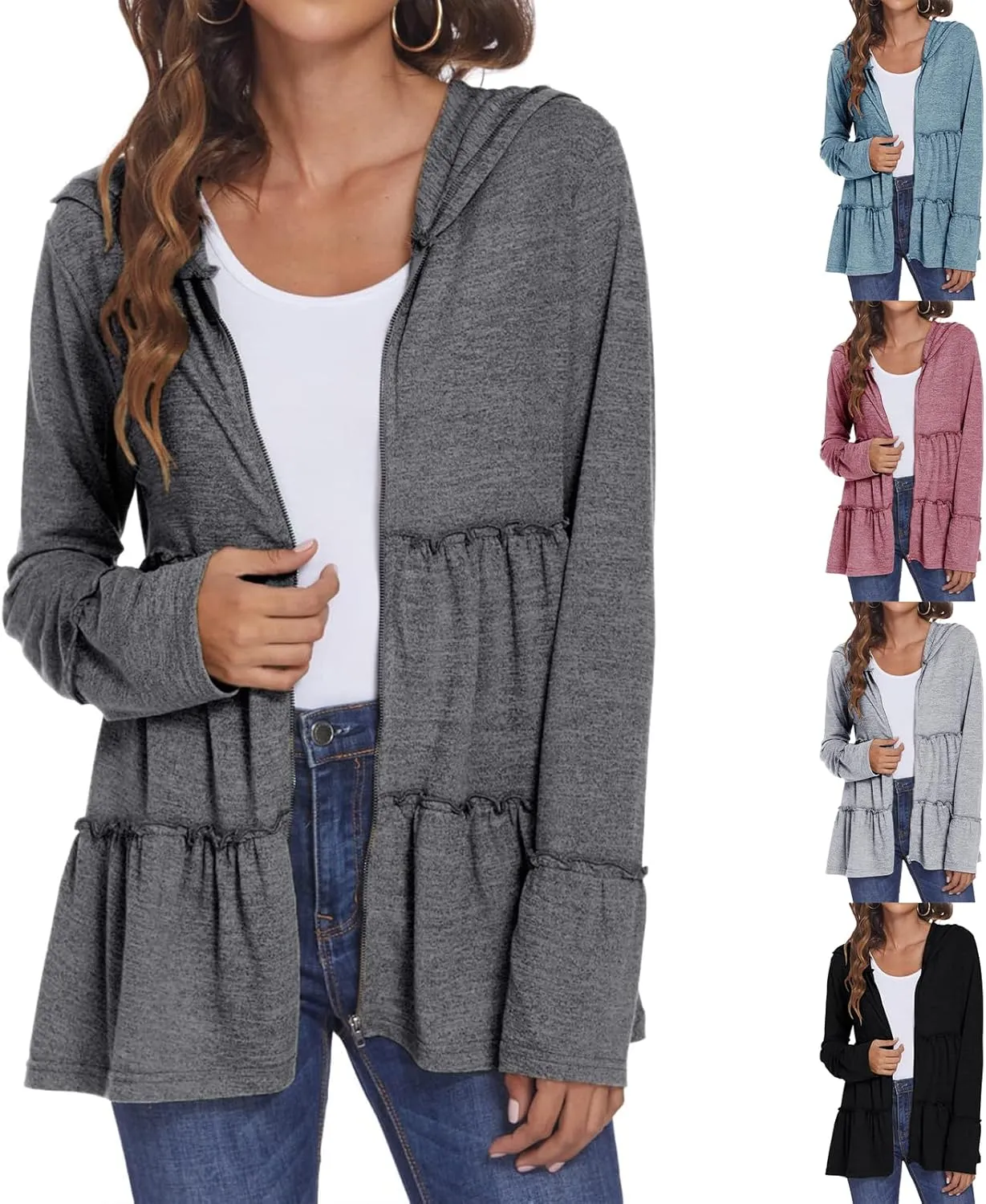 Women's Full Zip Up Hoodie Pleated Tiered Ruffle Hooded Sweatshirts Jacket Long Sleeve Coat