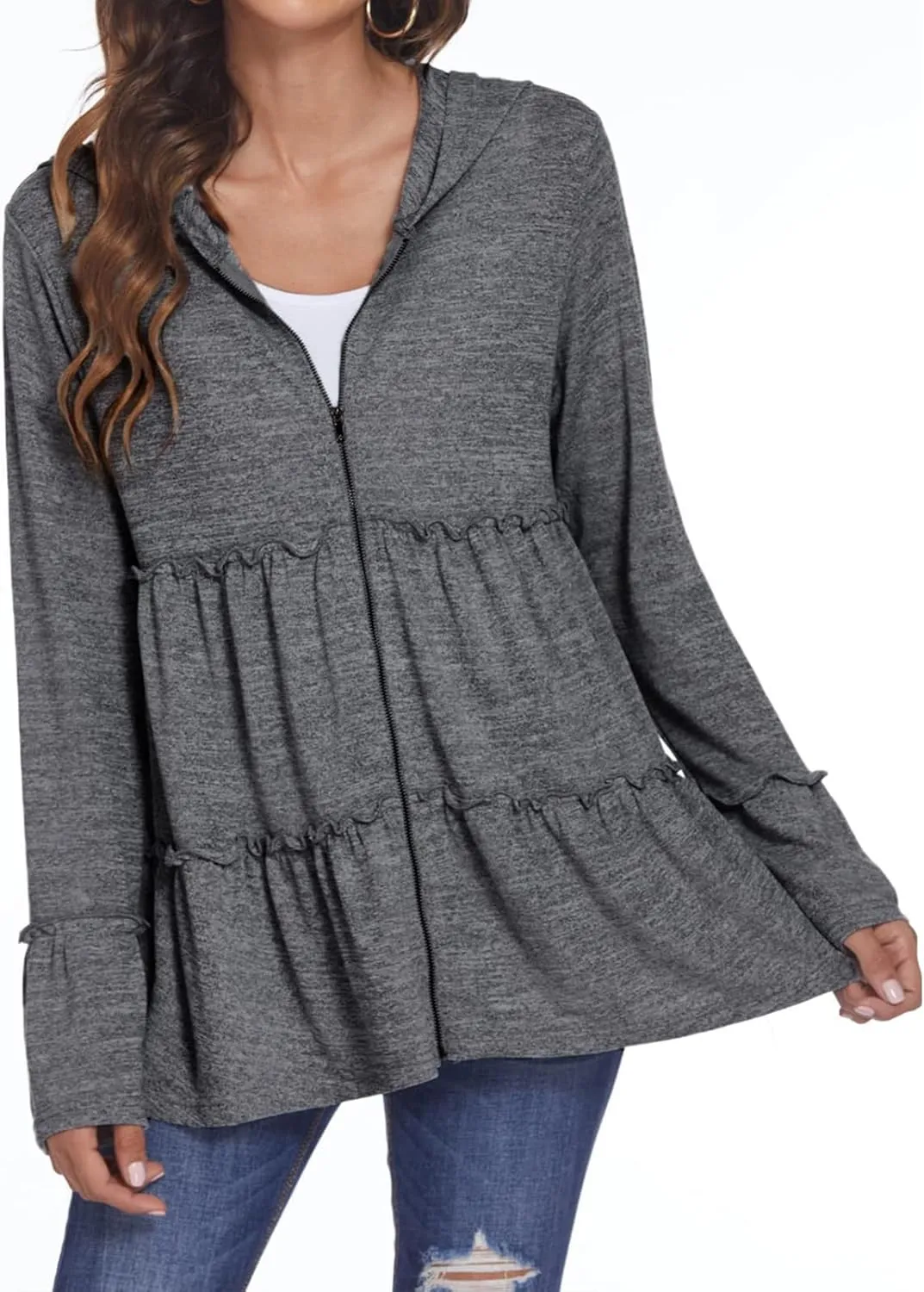 Women's Full Zip Up Hoodie Pleated Tiered Ruffle Hooded Sweatshirts Jacket Long Sleeve Coat