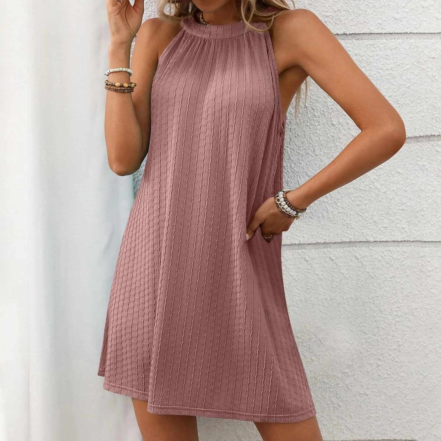 Womens Halter Mini Dress 2025 Trendy Solid Casual Round Neck Sleeveless Sundress Beach Vacation Dresses