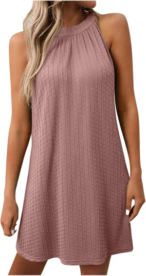 Womens Halter Mini Dress 2025 Trendy Solid Casual Round Neck Sleeveless Sundress Beach Vacation Dresses