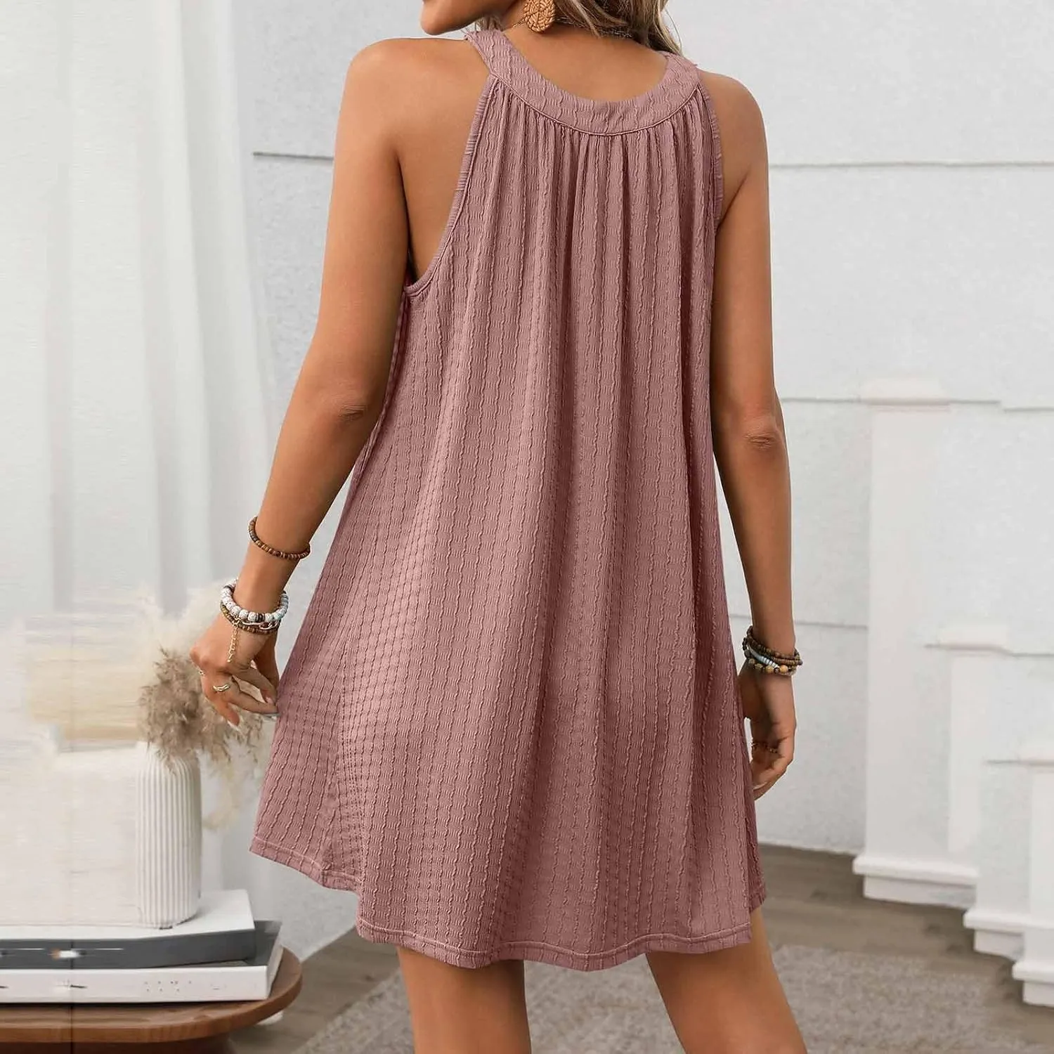 Womens Halter Mini Dress 2025 Trendy Solid Casual Round Neck Sleeveless Sundress Beach Vacation Dresses