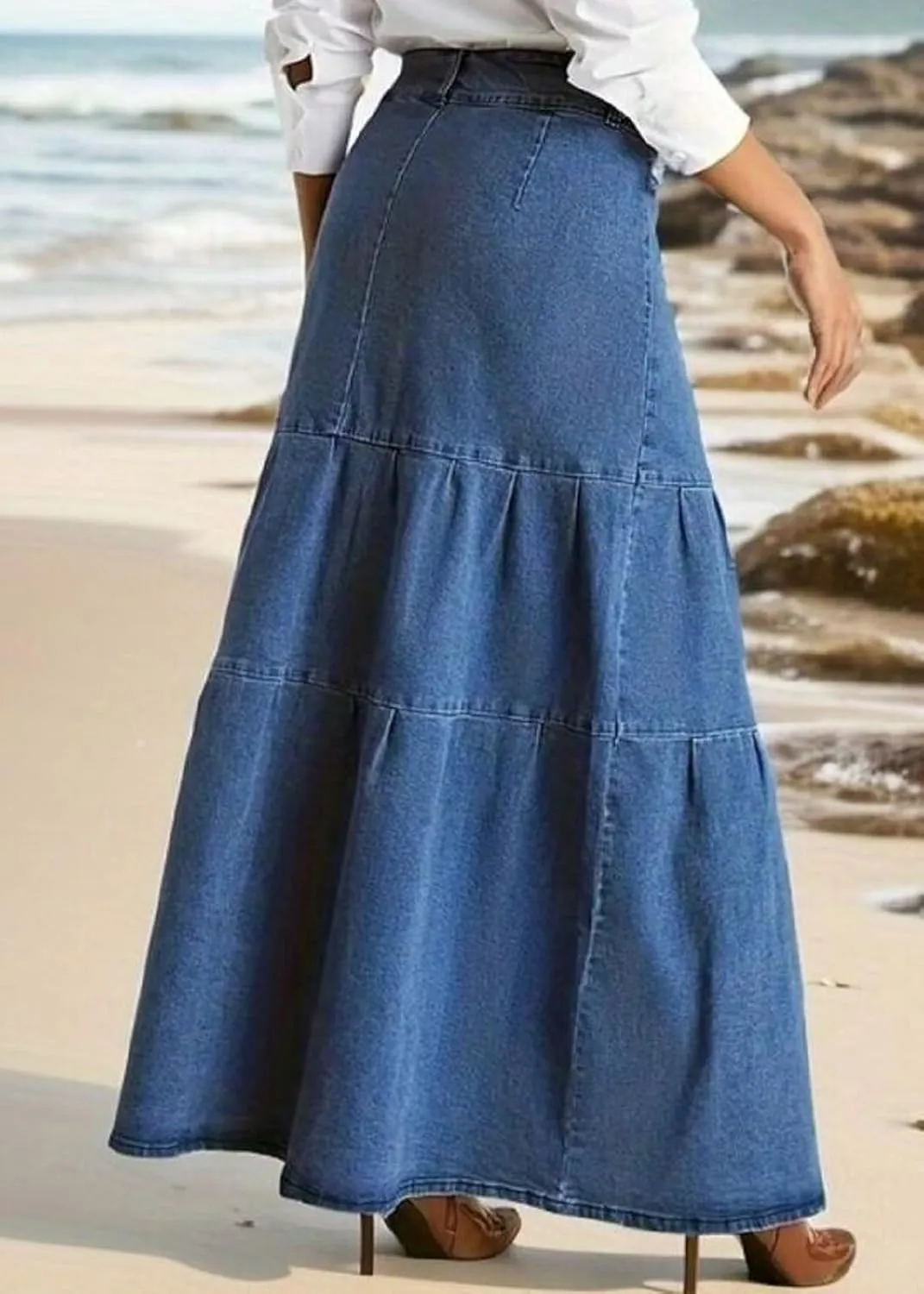 Women's High-Waist A-Line Denim Maxi Skirt Zipper Front Swing A Line Long Jean Skirts