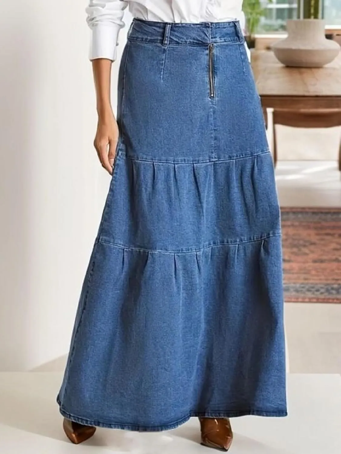 Women's High-Waist A-Line Denim Maxi Skirt Zipper Front Swing A Line Long Jean Skirts