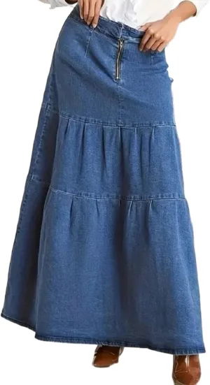 Women's High-Waist A-Line Denim Maxi Skirt Zipper Front Swing A Line Long Jean Skirts