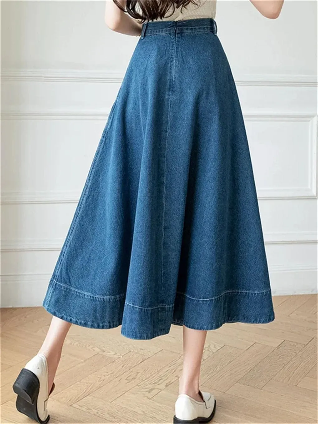 Women's High Waist Denim Skirts Long A-Line Vintage Umbrella Jeans Skirts Pockets