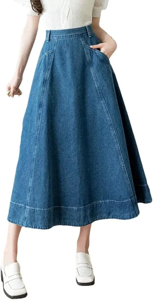 Women's High Waist Denim Skirts Long A-Line Vintage Umbrella Jeans Skirts Pockets