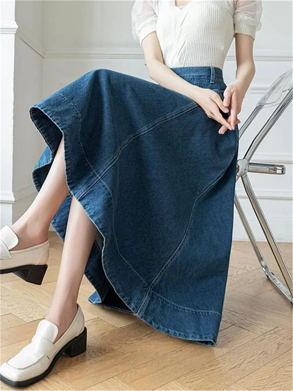 Women's High Waist Denim Skirts Long A-Line Vintage Umbrella Jeans Skirts Pockets