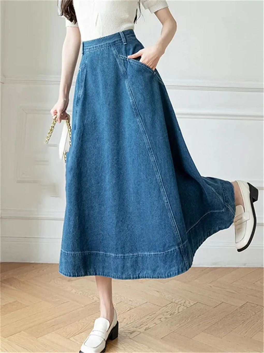 Women's High Waist Denim Skirts Long A-Line Vintage Umbrella Jeans Skirts Pockets