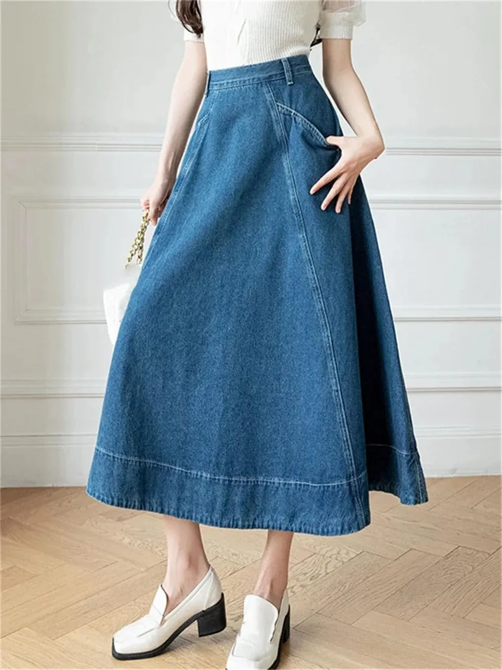 Women's High Waist Denim Skirts Long A-Line Vintage Umbrella Jeans Skirts Pockets