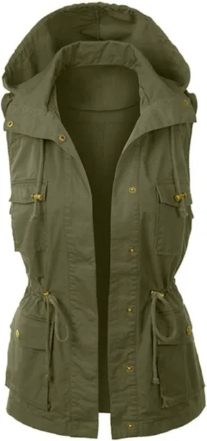 Women's Hooded Vest Casual Military Utility Drawstring Lightweight Sleeveless Hoodies Jacket with Pockets
