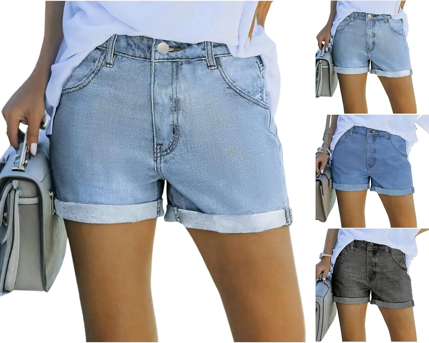 Womens Jean Shorts High Waisted Distressed Denim Roll Up Cut Off Frayed High Rise Summer Jean Shorts with Pockets