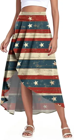 Womens July 4th Clothing Stars Striped Elastic Waist USA Flag Business Solid Long Flowy Skirts with Shorts