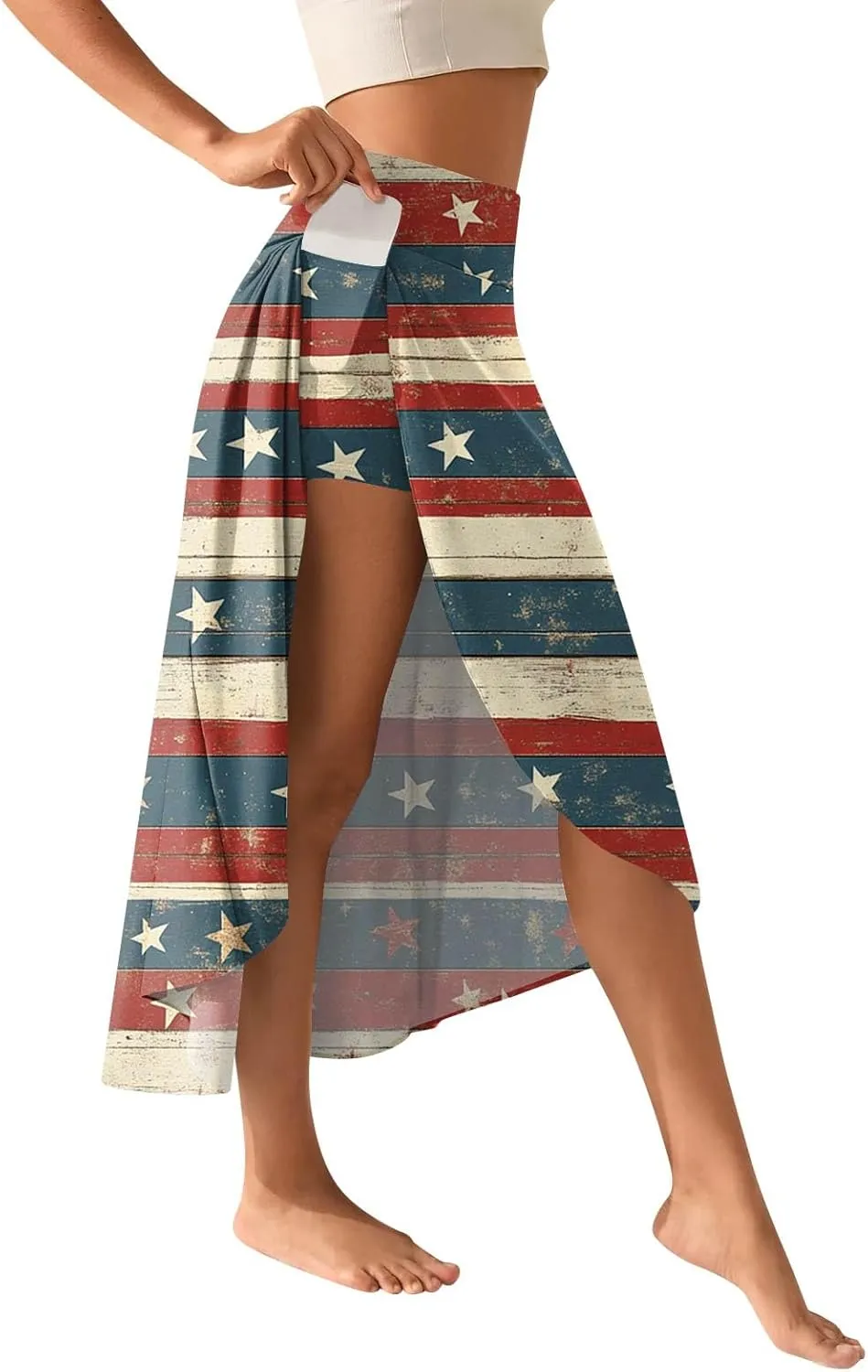 Womens July 4th Clothing Stars Striped Elastic Waist USA Flag Business Solid Long Flowy Skirts with Shorts