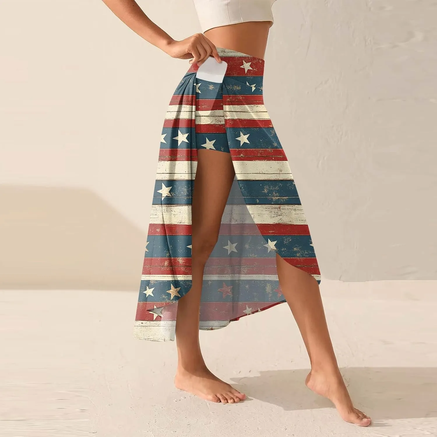 Womens July 4th Clothing Stars Striped Elastic Waist USA Flag Business Solid Long Flowy Skirts with Shorts