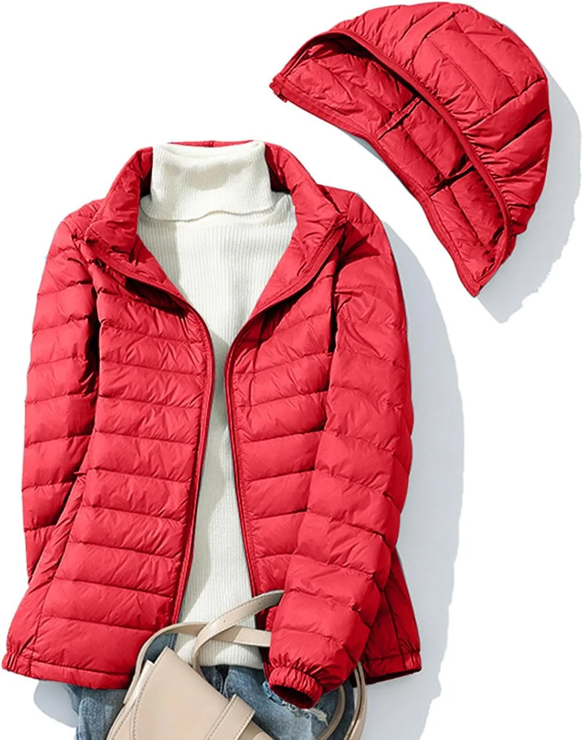 Women's Lightweight Puffer Coats Quilted Down Jacket Warm Winter Jacket Long Sleeve Full Zip Packable Hooded Jackets