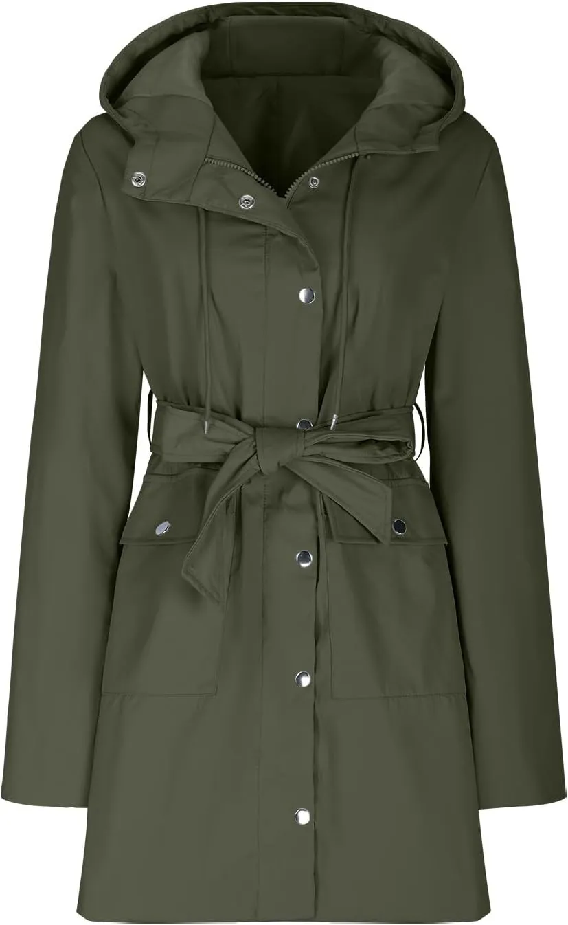 Women's Ligtweight Jackets Anorak Utility Belted Waist Hoodie Zip Up Fall Casual Long Sleeve Coat with Pockets