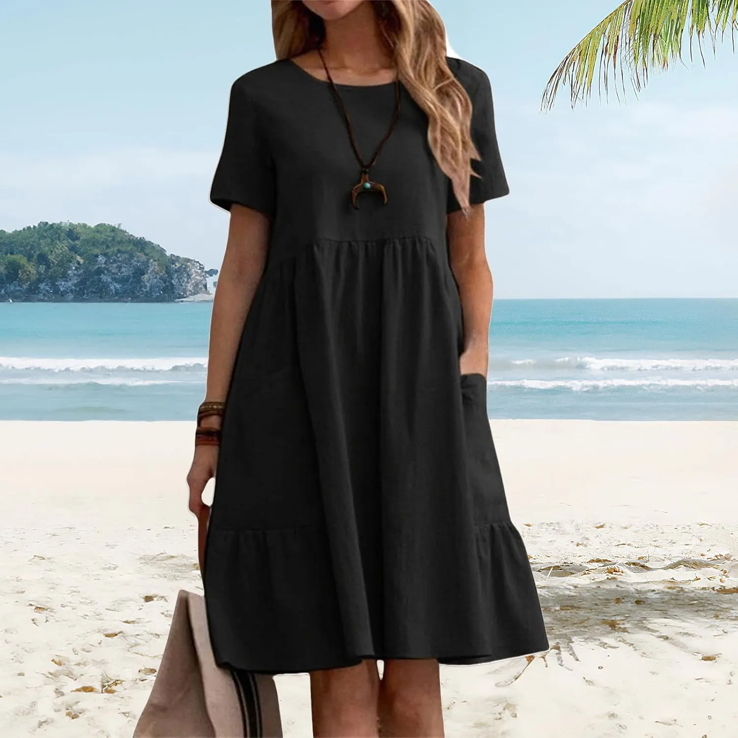 Womens Linen Dresses Casual Crew Neck Short Sleeve Mini Dress Summer Comfy Loose Ruffle Hem Sundress with Pockets