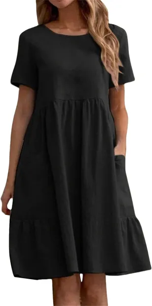Womens Linen Dresses Casual Crew Neck Short Sleeve Mini Dress Summer Comfy Loose Ruffle Hem Sundress with Pockets
