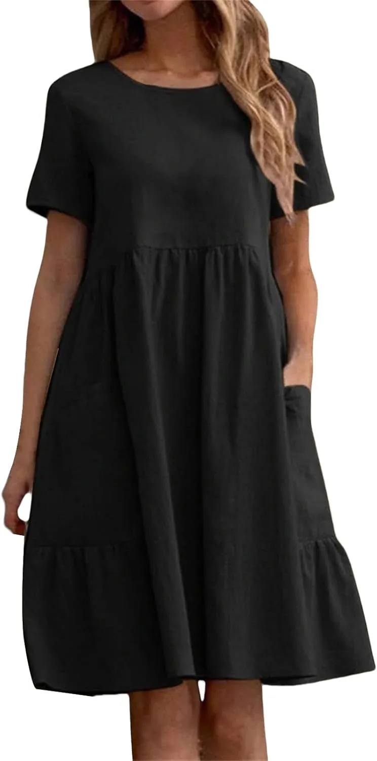 Womens Linen Dresses Casual Crew Neck Short Sleeve Mini Dress Summer Comfy Loose Ruffle Hem Sundress with Pockets