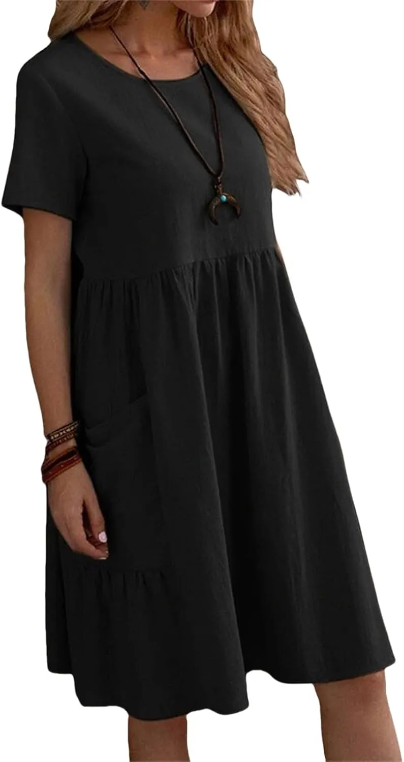 Womens Linen Dresses Casual Crew Neck Short Sleeve Mini Dress Summer Comfy Loose Ruffle Hem Sundress with Pockets