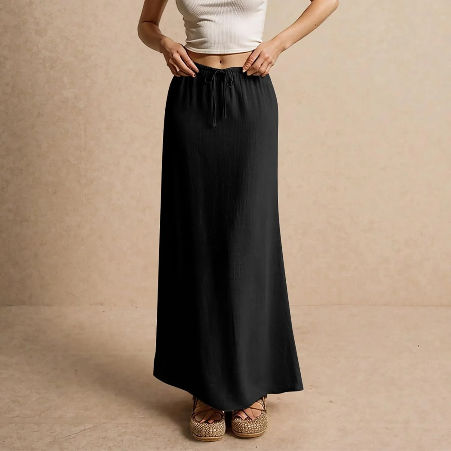 Womens Linen Maxi A-line Long Summer Skirt Elastic High Waist Flowy Skirt