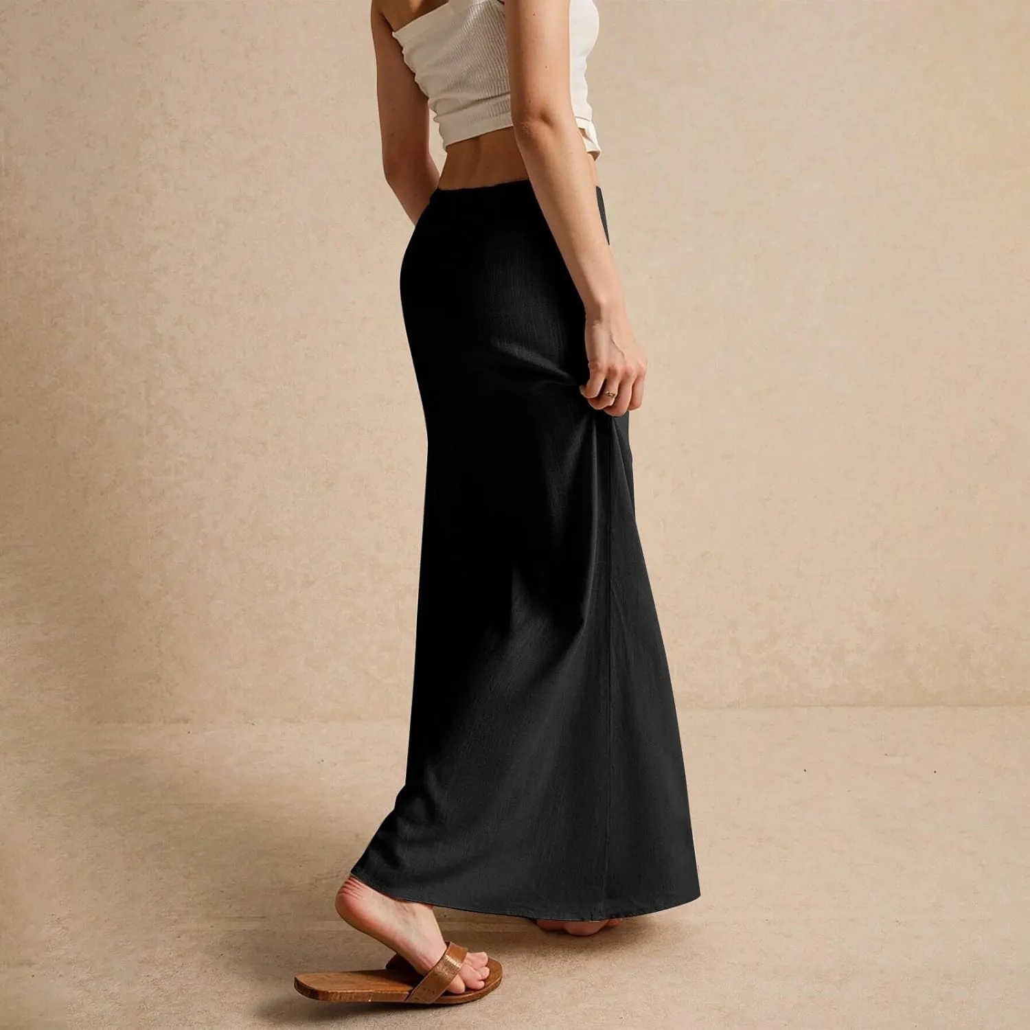 Womens Linen Maxi A-line Long Summer Skirt Elastic High Waist Flowy Skirt