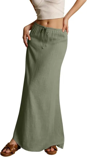 Womens Linen Maxi A-line Long Summer Skirt Elastic High Waist Flowy Skirt