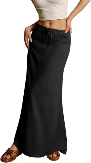 Womens Linen Maxi A-line Long Summer Skirt Elastic High Waist Flowy Skirt