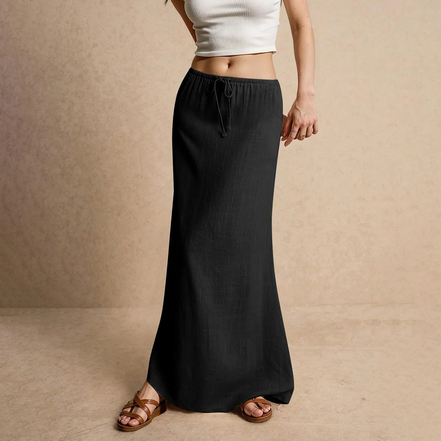 Womens Linen Maxi A-line Long Summer Skirt Elastic High Waist Flowy Skirt